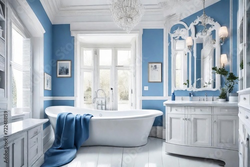 Elegant Blue and White Bathroom Interior with Classic Bathtub  Crystal Chandelier  Vintage Vanity  and Artistic Wall Decorations