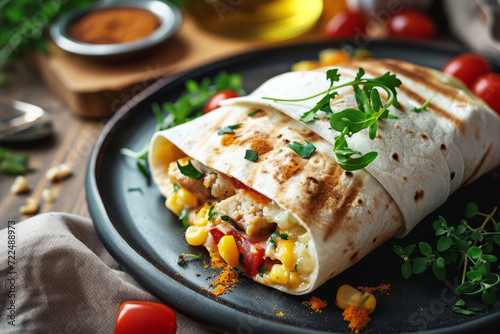 Burritos wraps with beef and vegetables. Beef burrito, mexican food. Generative AI