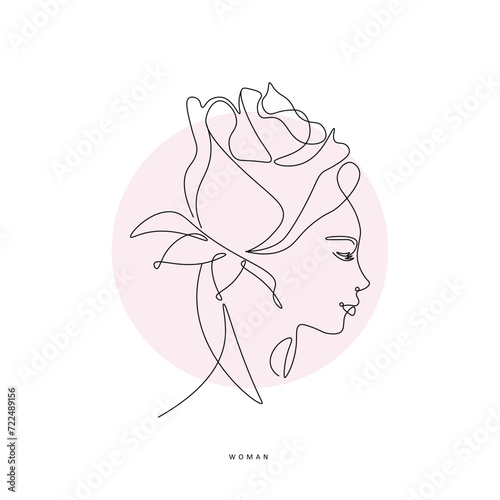 Line drawing. Minimalist logo for a women's line. Flower head Woman line drawing illustration. Woman's face with a line of flowers. Natural organic cosmetics.