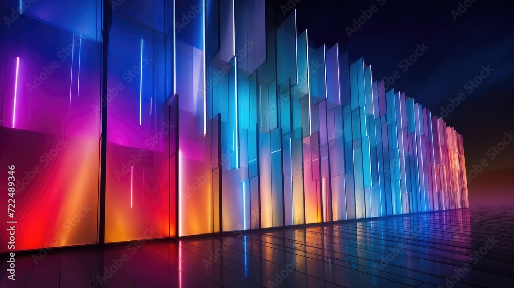 Colorful lights on a wall in front of a dark room. Generative AI.