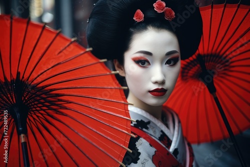 Geisha woman in traditional kimono outfit holding a vibrant red umbrella. Perfect for cultural and Japanese-themed designs