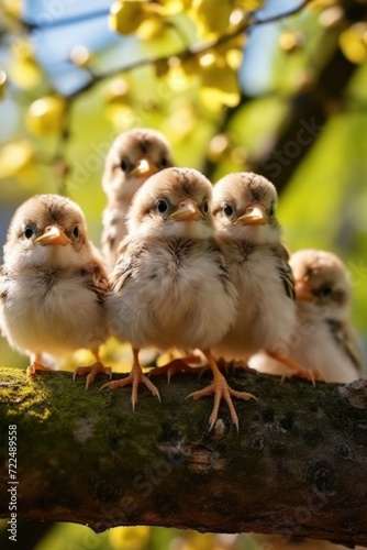 A group of small birds sitting on top of a tree branch. Can be used to depict nature, wildlife, or bird watching