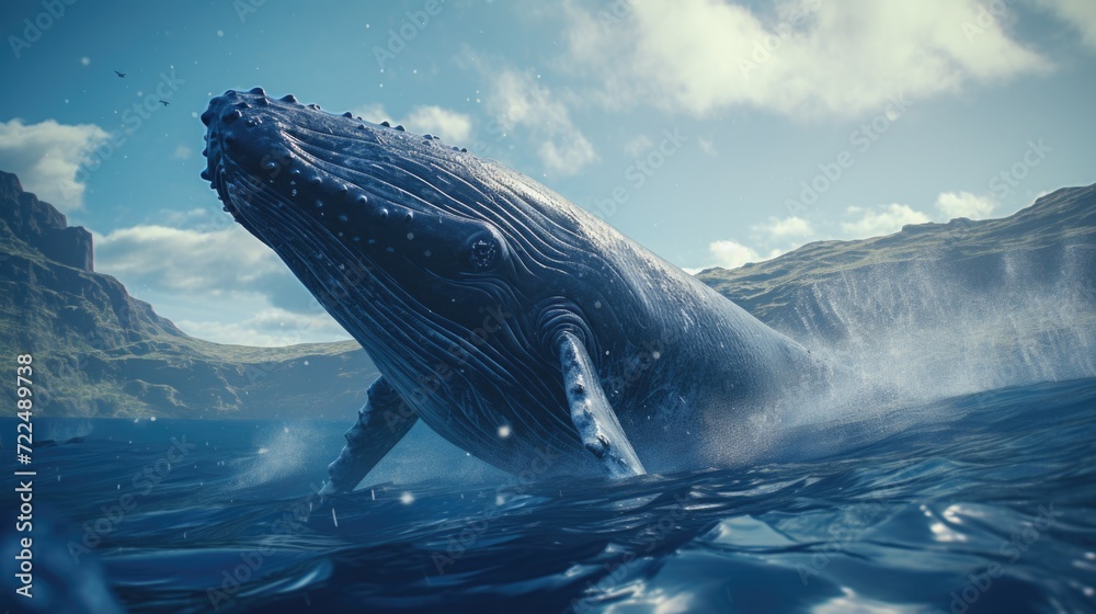 Fototapeta premium A humpback whale swimming in the water with a majestic mountain in the background. This image captures the beauty of nature and the peacefulness of the ocean.