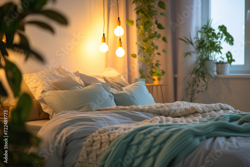 Cozy elegant bedroom with bed, nice bedclothes, spring decor and soft lighting. Generative AI