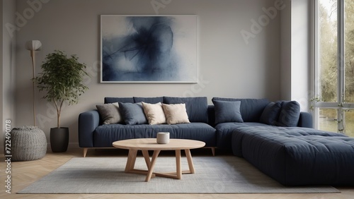 Modern Living Room with Blue Sofa, Wooden Table, Abstract Art, and Indoor Plant © Arslan
