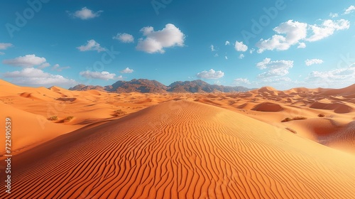  a desert landscape with sand dunes and mountains in the distance with a blue sky with wispy wispy clouds.