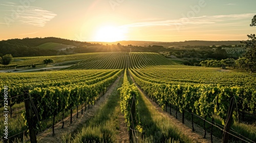  the sun is setting over a vineyard with vines in the foreground and a hill in the distance with trees in the foreground.