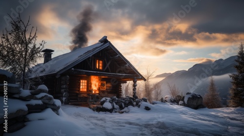 Cozy wooden house in the mountains in winter. Neural network AI generated art