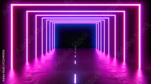 Neon Lights Blue Glowing Tunnel Abstract Background Futuristic, Design Technology Interior Modern Laser Floor, Space Led Shape Room Corridor Perspective Stage
