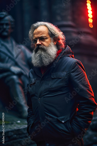 A modern day Karl Marx heading to a party in the Berghain techno club (generative AI)