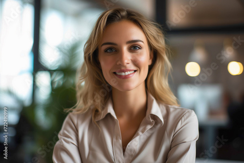 Happy confident businesswoman in office looking at camera