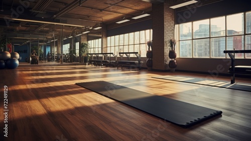 Unrolled yoga mat on wooden floor in modern fitness center or at home with big windows. Neural network AI generated art