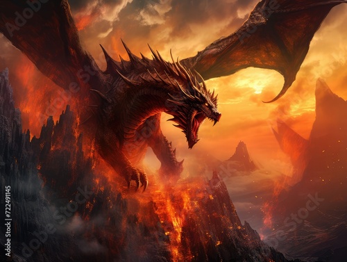 Fiery dragon soaring through the sky and flames spewing from maw photo