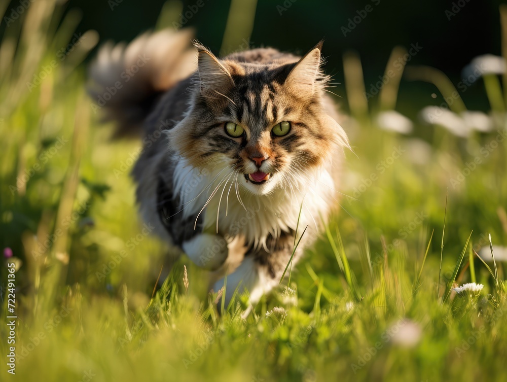Domestic cat sprinting across a vibrant green meadow Domestic cat sprinting across a vibrant green meadow