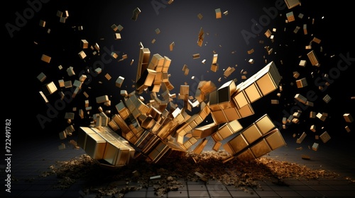 Stock Market Crash Concept with Shattering Cubes. Digital image concept of a stock market crash depicted by exploding golden cubes, representing a sudden decline in stock prices. © irissca