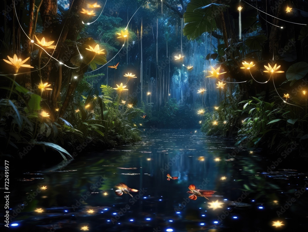 Beautiful firefly in beautiful jungle, colorful glow among the dense foliage and pond