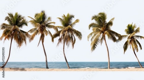 Palm trees lining a beach next to the ocean. Ideal for travel and vacation-themed projects © Fotograf