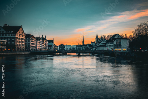 View of the old town of Zurich with Frauenmünster at sunset