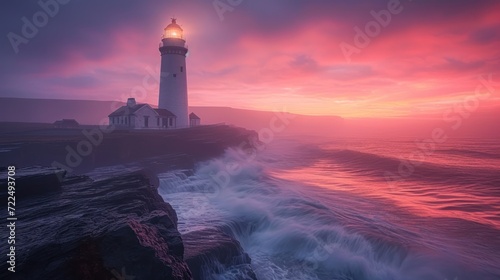  a light house sitting on top of a cliff next to a body of water with waves coming in front of it. © Anna