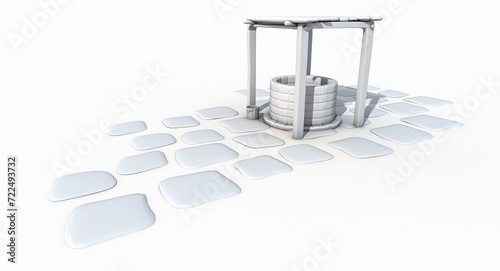 3D rendering of a stylized cartoon water well with stone structure, wooden roof, rope and buckets