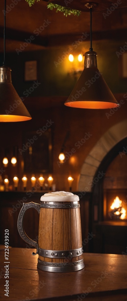 Traditional wooden beer stein with frothy ale on a polished pub table against a blurred background of bottles and warm ambient lighting Traditional wooden beer stein with frothy ale on a polished pub table against a blurred background of bottles and warm ambient lighting