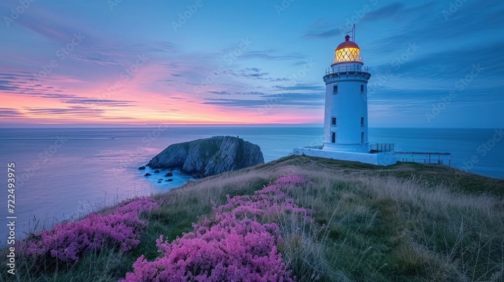  a white light house sitting on top of a lush green hillside next to a body of water with purple flowers in front of it.