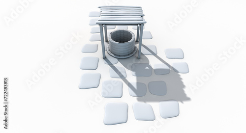 3D rendering of a stylized cartoon water well with stone structure, wooden roof, rope and buckets