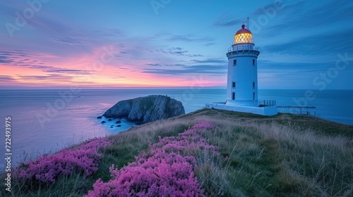  a white light house sitting on top of a lush green hillside next to a body of water with purple flowers in front of it.