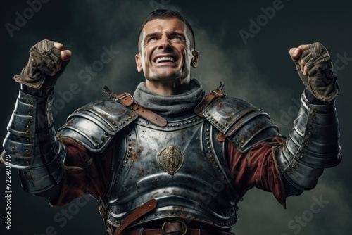 A powerful image of a man in armor raising his fist in a show of strength and determination. This picture can be used to convey concepts of courage, leadership, defiance, and determination.