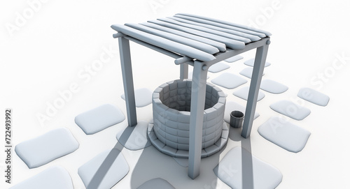 3D rendering of a stylized cartoon water well with stone structure, wooden roof, rope and buckets