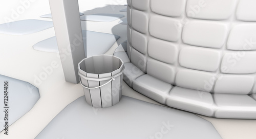 3D rendering of a stylized cartoon water well with stone structure, wooden roof, rope and buckets
