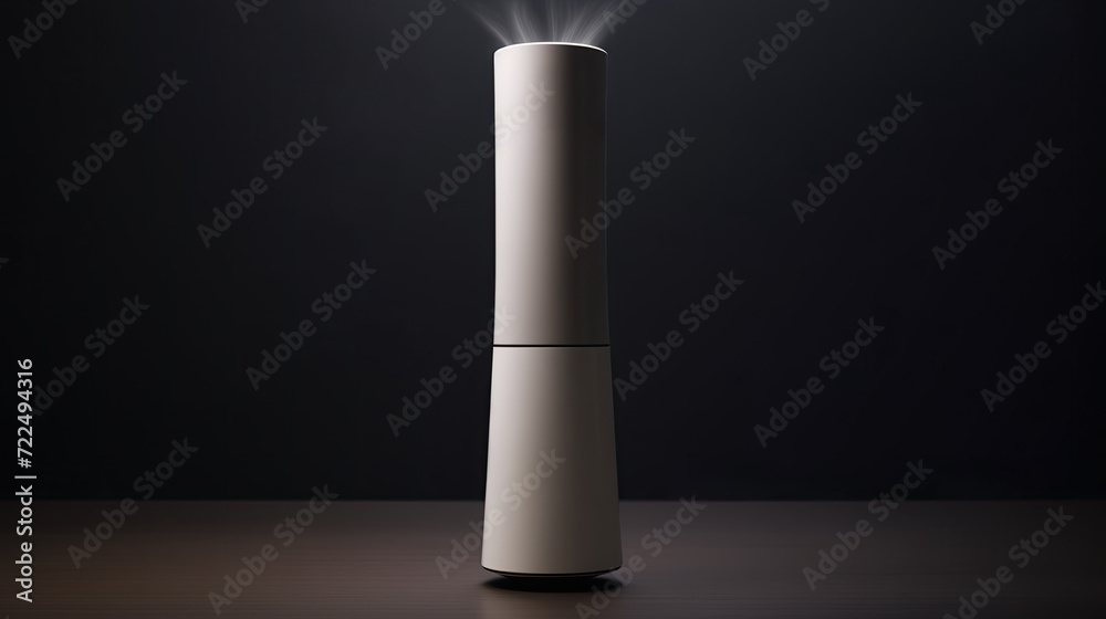 Fototapeta premium Sleek and minimalistic air purifier tower with visible airflow and filtering over a black background