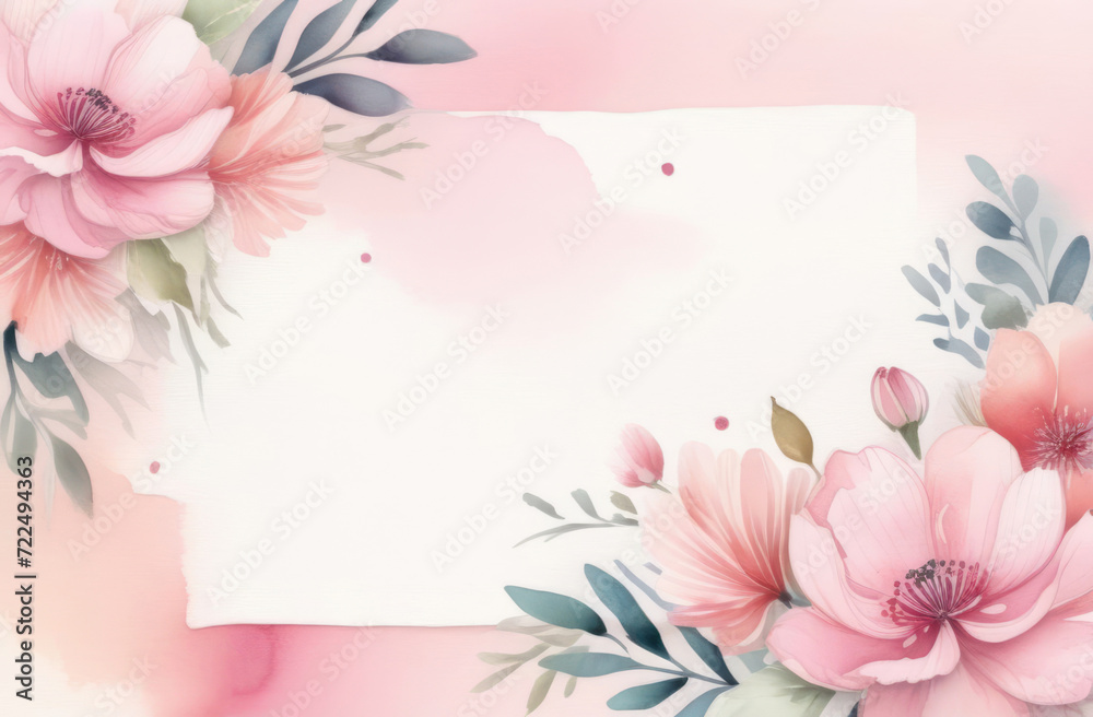 Watercolor floral background with pink flower and space for text .  illustration.