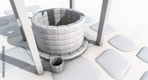 3D rendering of a stylized cartoon water well with stone structure, wooden roof, rope and buckets