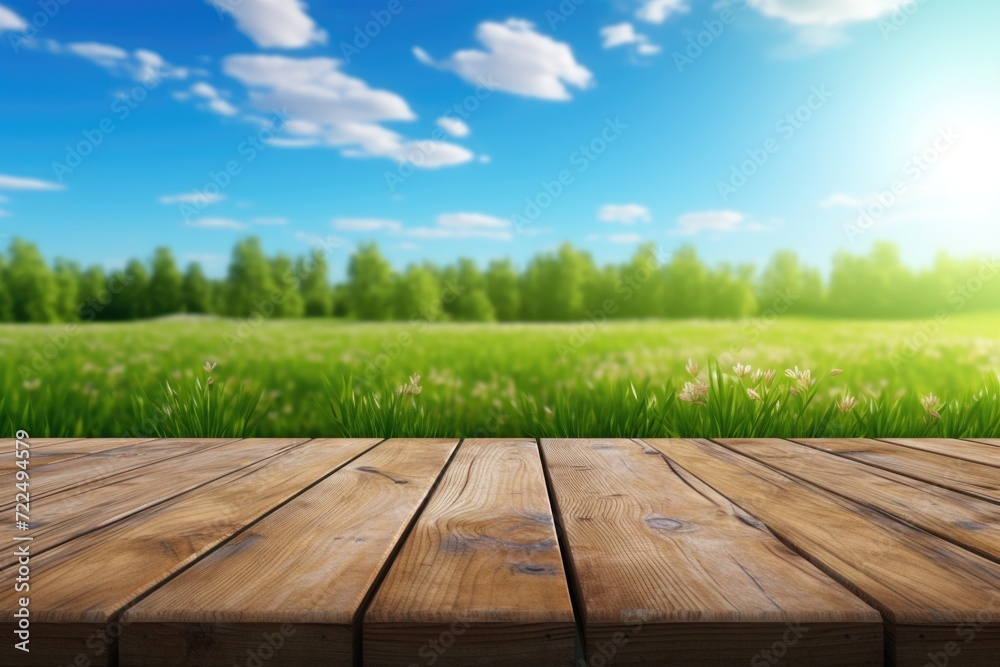 A wooden table placed in front of a lush green grass field. This image can be used for various purposes