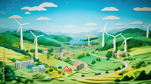 Paper art style representation of a green sustainable village with wind turbines and renewable power generation plants.