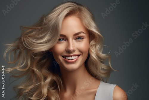 A stunning blond woman with flowing wavy hair. Suitable for fashion, beauty, and lifestyle concepts