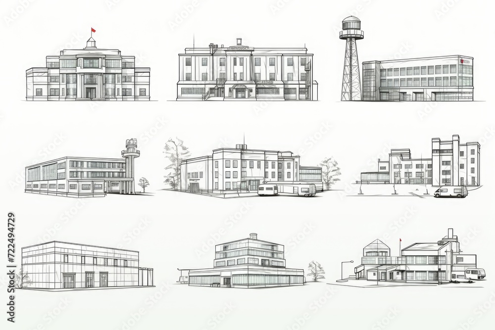 A collection of sketches showcasing various buildings and a tower. Versatile and suitable for a range of design projects