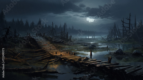 Scene of an ancient wooden bridge