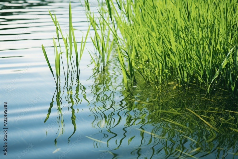 A unique image capturing the sight of grass growing out of a body of water. This picture can be used to depict the resilience of nature and the beauty of unexpected growth in unlikely places A unique image capturing the sight of grass growing out of a body of water. This picture can be used to depict the resilience of nature and the beauty of unexpected growth in unlikely places