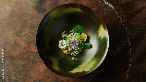  a green plate topped with flowers on top of a wooden table next to a bottle of wine and a glass of wine.