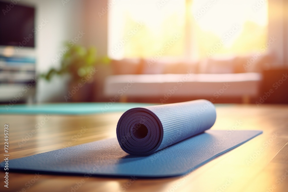 A neatly rolled up yoga mat sitting on a wooden floor. Perfect for fitness and wellness concepts A neatly rolled up yoga mat sitting on a wooden floor. Perfect for fitness and wellness concepts