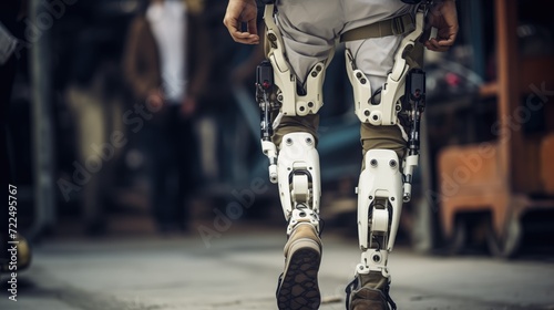 Person walking on the street wearing robotic prosthetic legs with electrical actuators