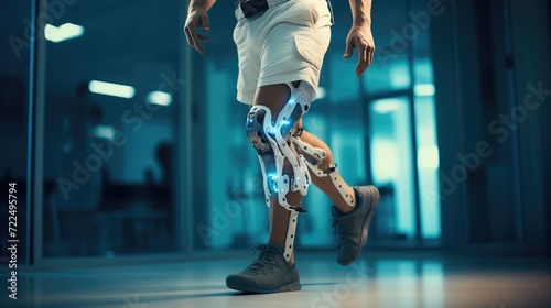 Person using a robotic prosthetic leg for physical therapy. Robotics for healthcare and rehabilitation. photo