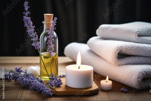 A simple setup of a candle and towels on a table. This versatile image can be used to depict relaxation  spa  self-care  or a cozy atmosphere