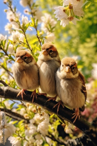 Three little birds sitting on a branch of a tree. Suitable for nature and wildlife themes © Fotograf