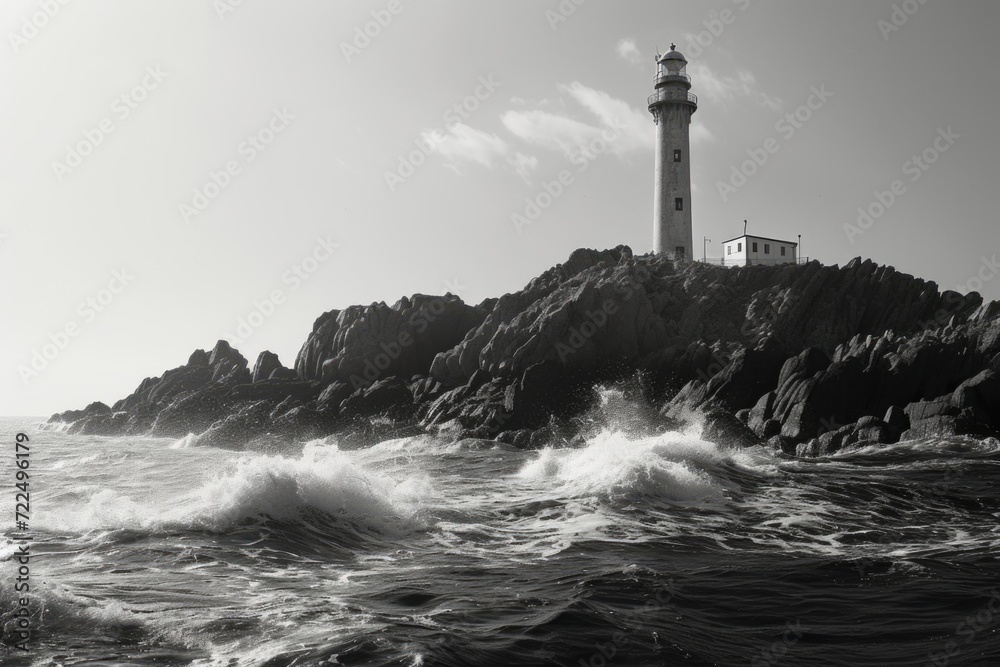 A striking black and white photo of a lighthouse standing tall in the vast ocean. Perfect for adding a touch of elegance and nostalgia to any project