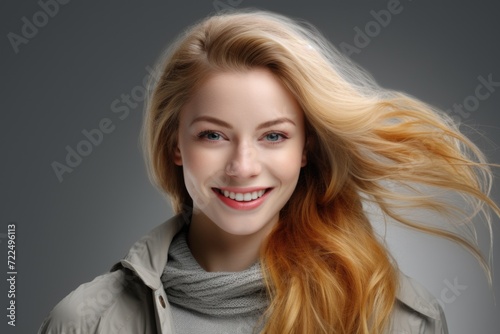 A woman with blonde hair smiling for the camera. Suitable for various uses