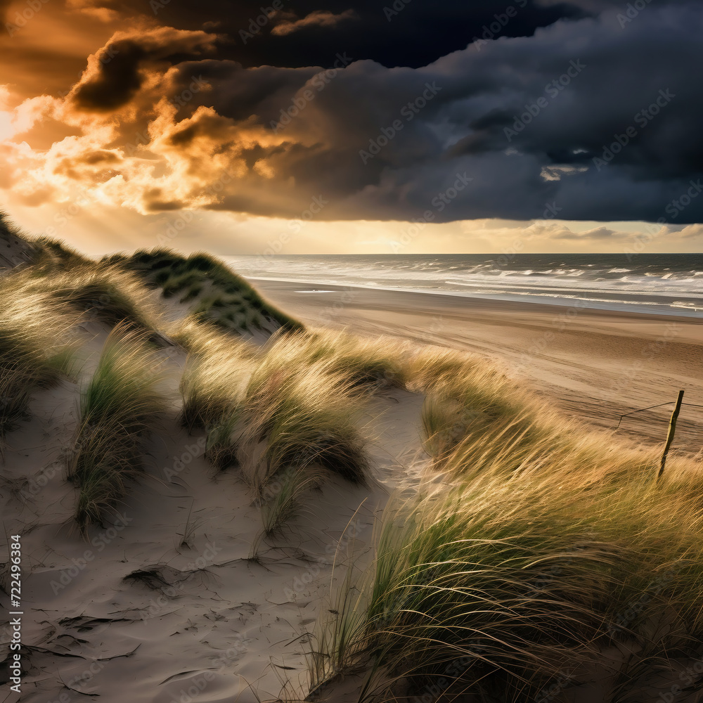 Baltic Sea coast at sunset with dune grass and storm clouds