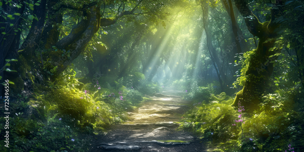 Enchanted forest pathway, a mystical wallpaper featuring a magical forest pathway bathed in soft light.